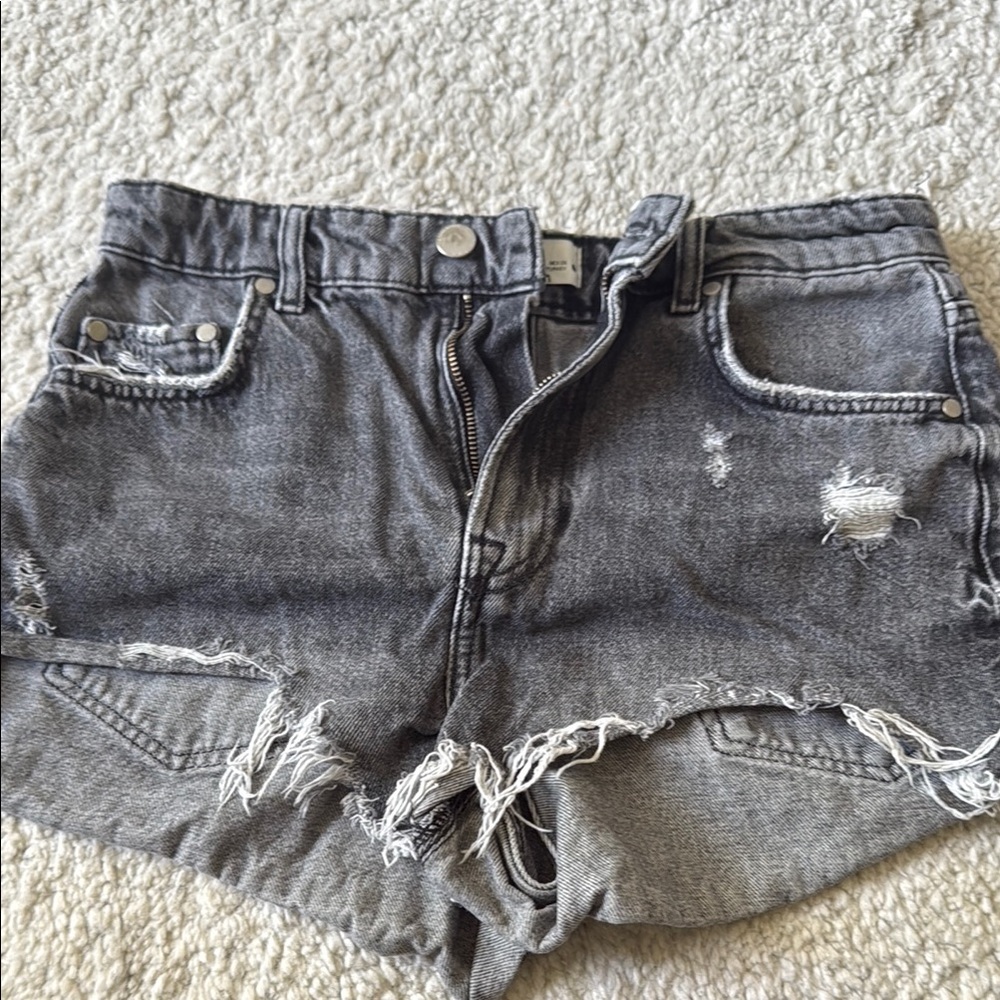 Zara Gray Jean Shorts Distressed Frayed Hem